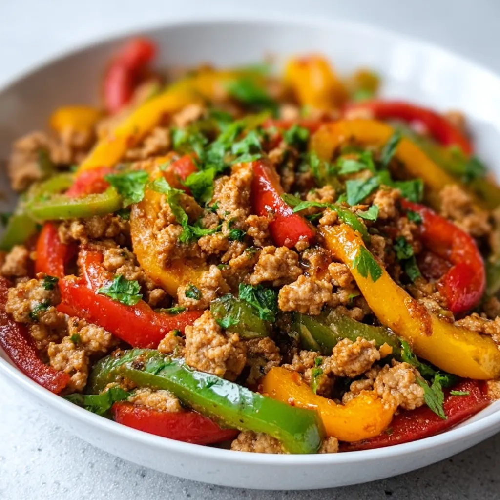 A close-up shot of a delicious Ground Turkey and Peppers Skillet, showcasing the vibrant colors and textures of the dish.