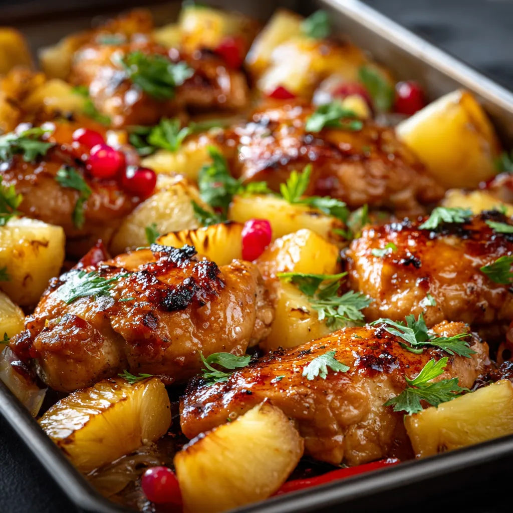 Juicy Hawaiian Chicken Sheet Pan with pineapple and colorful bell peppers, ready to bake.