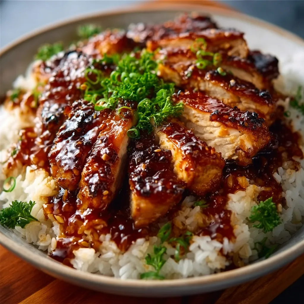 Delicious Honey BBQ Chicken Rice bowl, close-up shot.