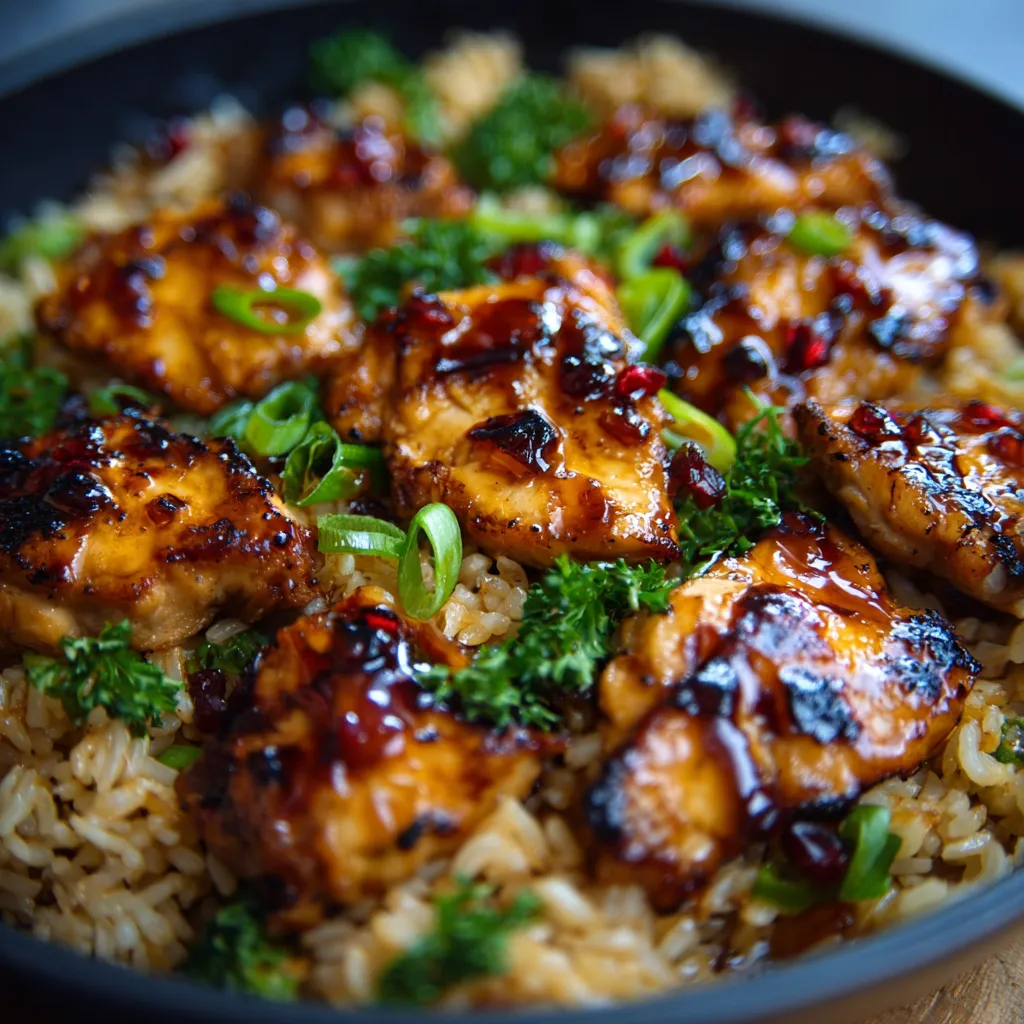 Close-up of Honey BBQ Chicken Rice, showcasing the glistening chicken and fluffy rice.