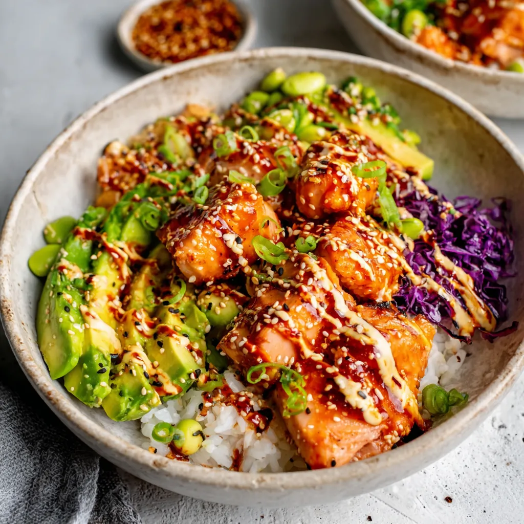 A close-up shot showcases the delicious Honey Sriracha Salmon Bowls, highlighting the vibrant colors and textures of the salmon, rice, and fresh toppings.