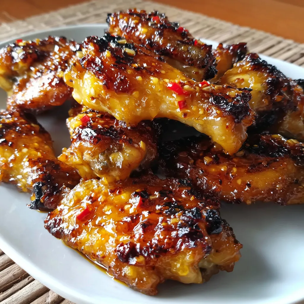 Close-up showcasing the glazed Pineapple Teriyaki Chicken Wings, glistening with sauce and ready to eat.