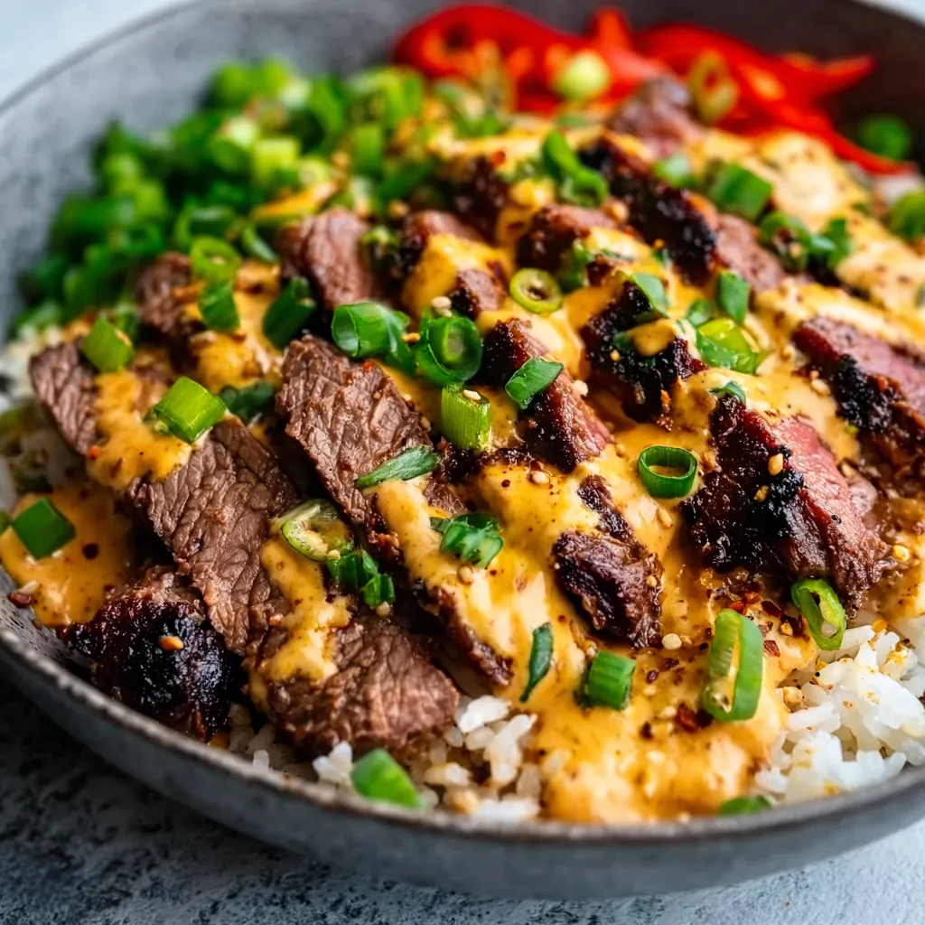 Close-up shot showcasing the delicious Korean BBQ Steak Rice Bowls, highlighting the tender steak and vibrant toppings.