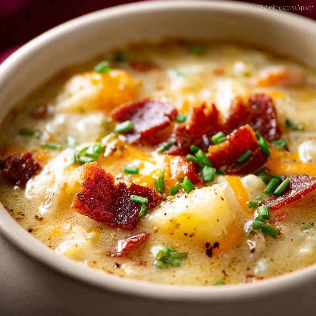 Close-up of creamy Loaded Crockpot Potato Soup, garnished with bacon, cheese, and green onions.