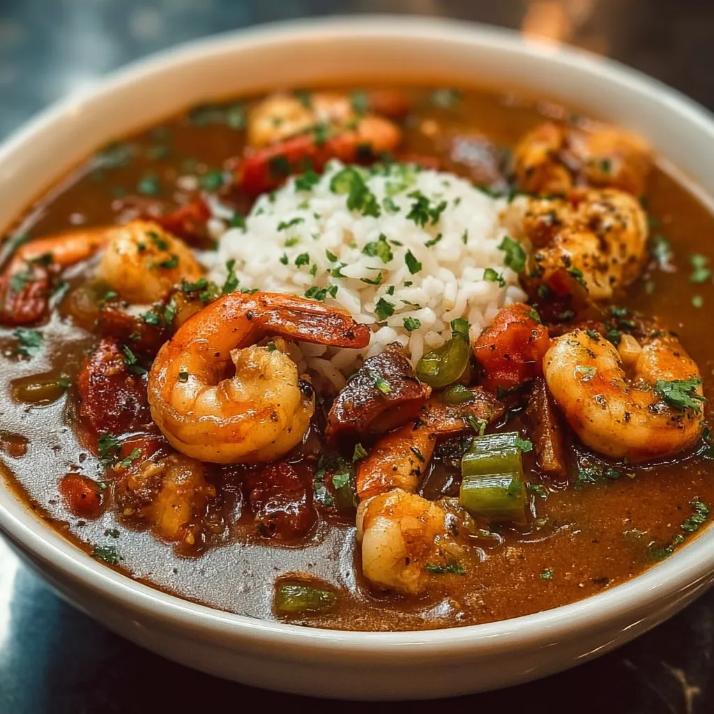 Close-up shot of a steaming bowl of Louisiana Seafood Gumbo, showcasing the rich broth and variety of seafood.