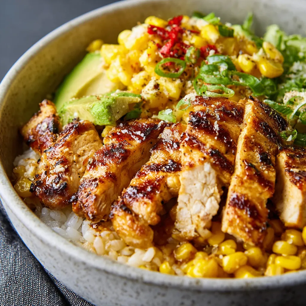 Close-up shot of a delicious Mexican Street Corn Chicken Rice Bowl showing the vibrant colors and textures of the corn, chicken, rice, and other toppings.