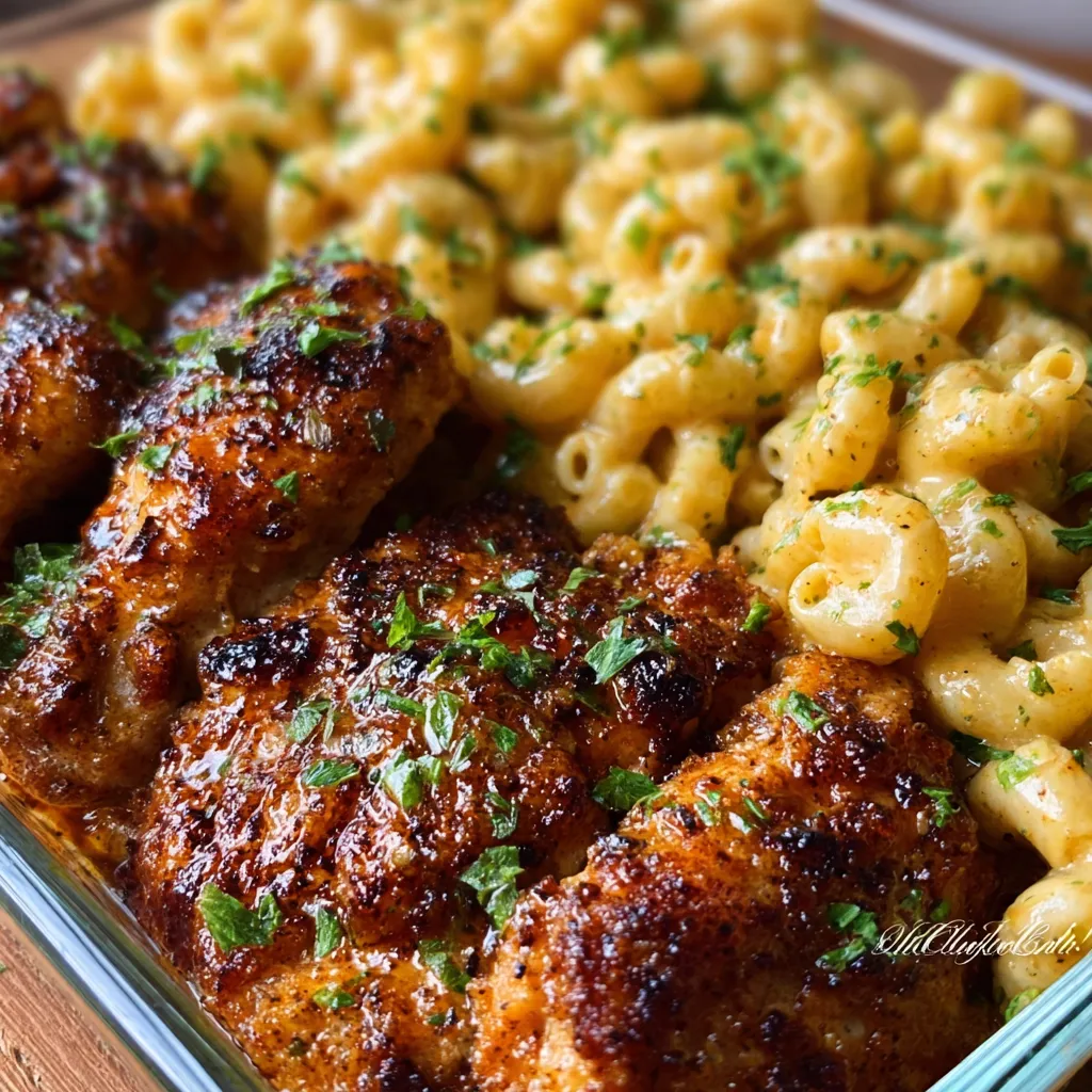 Close-up shot of creamy Honey Garlic Butter Chicken Mac and Cheese, showcasing the cheesy texture and delicious ingredients.