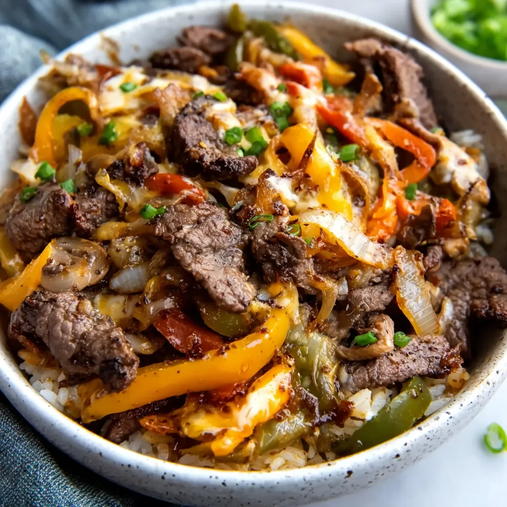 Close-up of delicious Philly Cheesesteak Bowls featuring seasoned beef, melted cheese, and peppers.