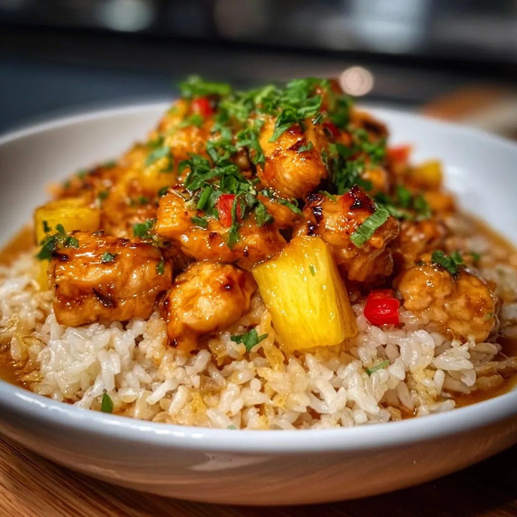 Close-up of flavorful Pineapple Chicken And Rice, showcasing the juicy chicken and chunks of pineapple mixed with fluffy rice.