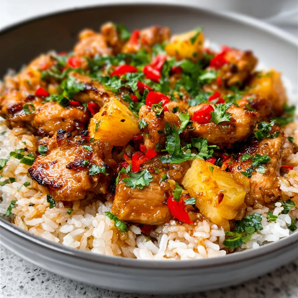 Close-up of delicious Pineapple Chicken And Rice served in a white bowl.