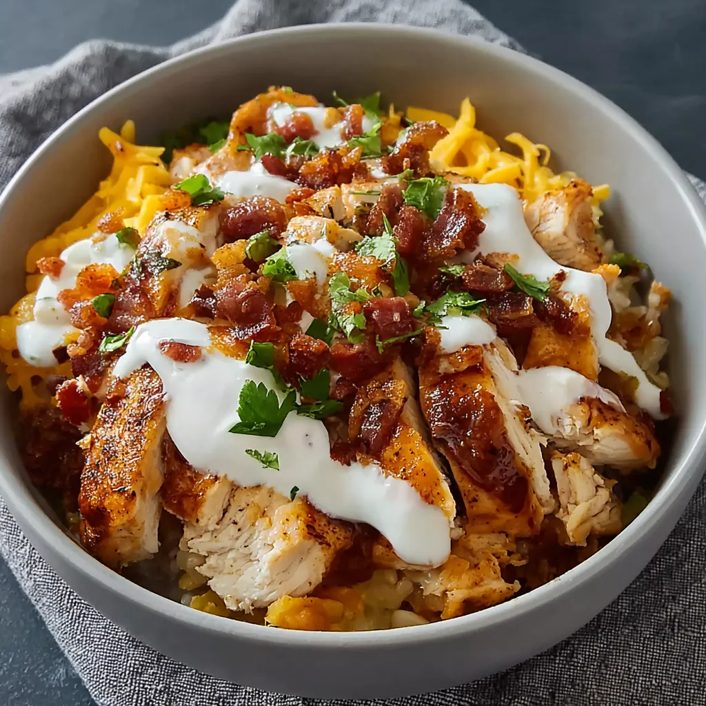 A close-up shot showcases a delicious BBQ Chicken Ranch Bowl, highlighting the layers of chicken, vegetables, and creamy ranch dressing.