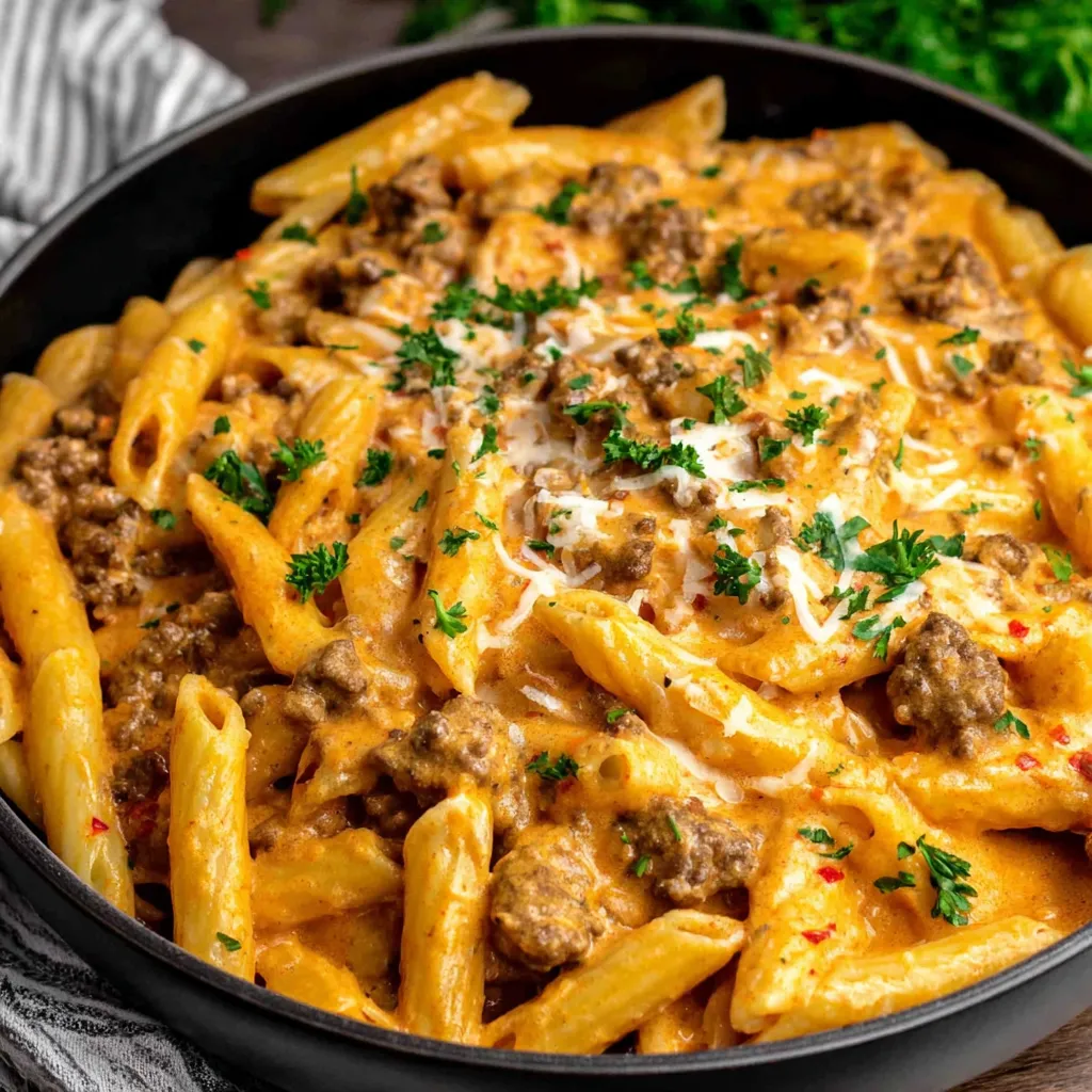 Close-up view of delicious Creamy Beef Pasta, showcasing its creamy sauce and perfectly cooked beef.