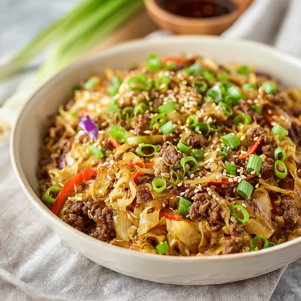 A close-up showcases a delicious Egg Roll In A Bowl with visible shredded cabbage, ground pork, and a savory sauce.