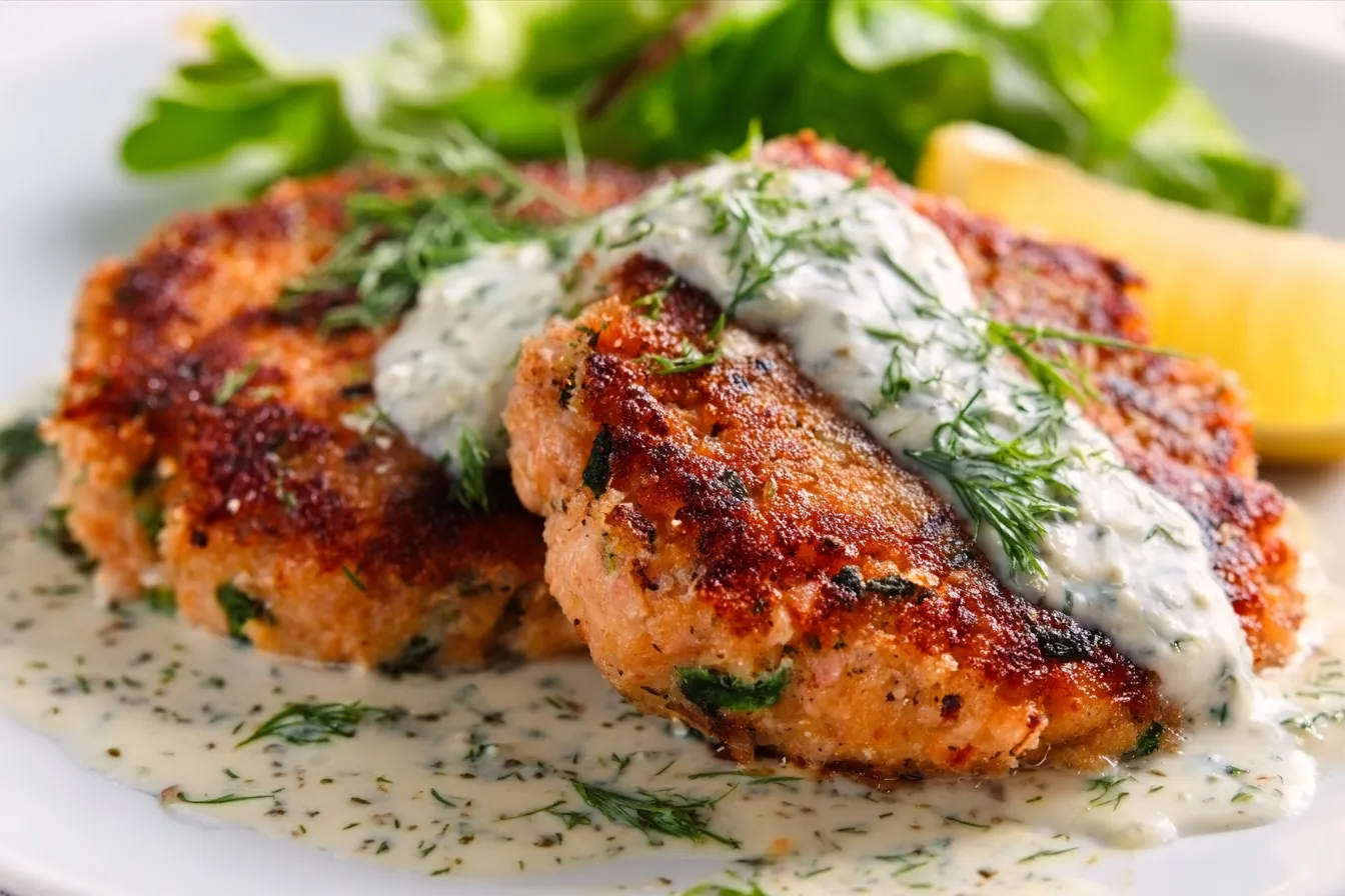 Close-up shot of freshly cooked Garlic Sauce Salmon Patties, showcasing their texture and appetizing appearance.