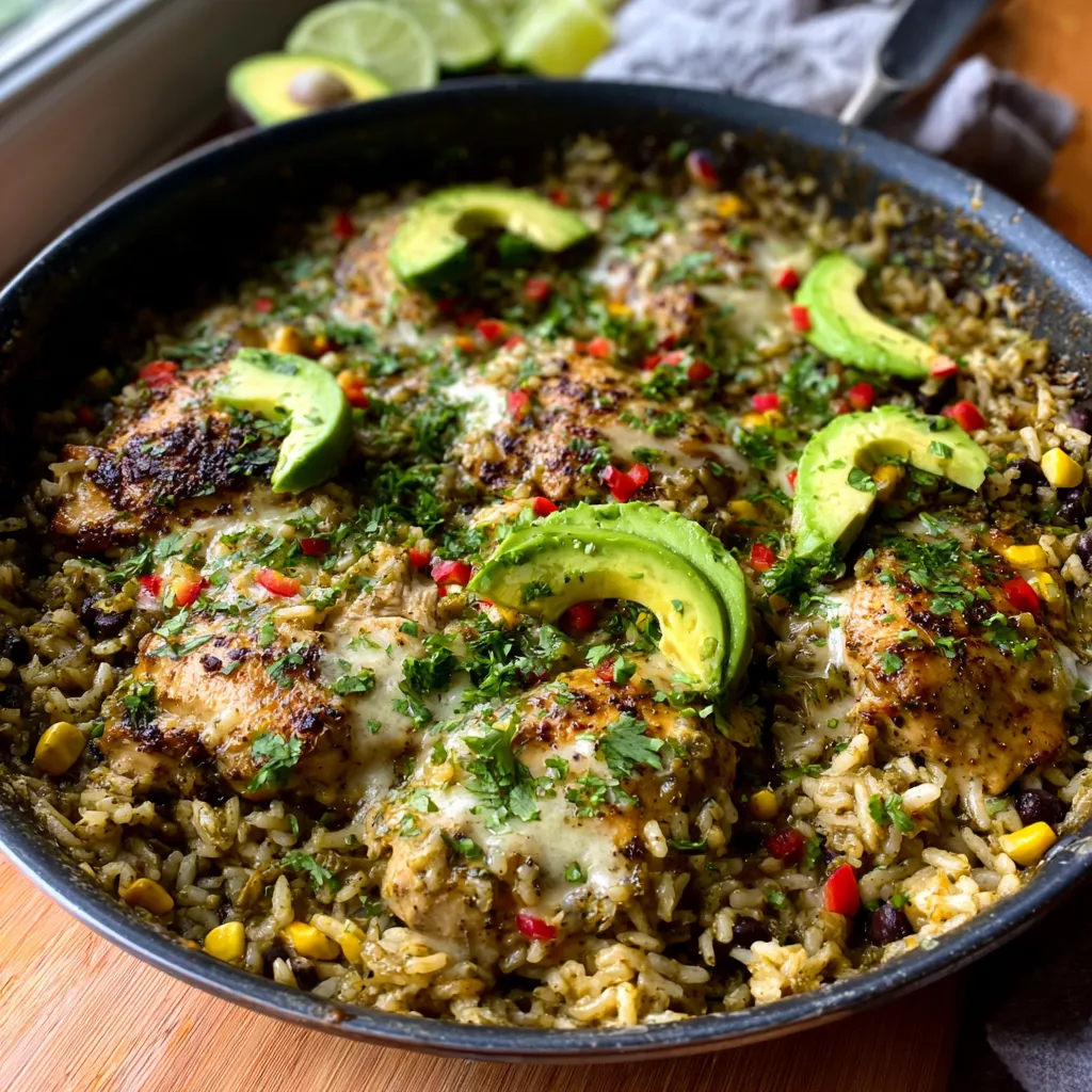 Close-up shot of flavorful Salsa Verde Chicken and Rice, showcasing the vibrant green sauce and tender chicken.