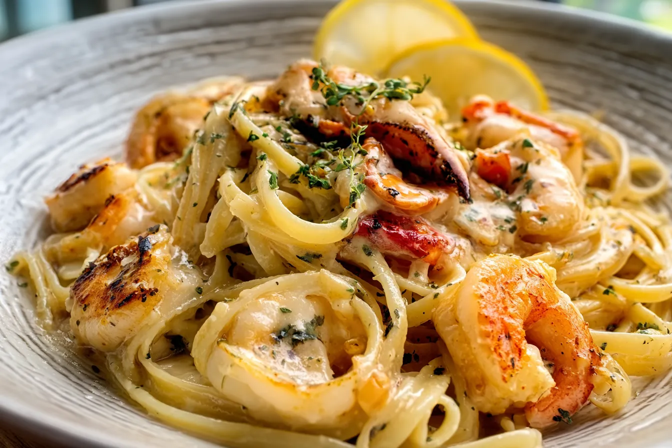 Close-up shot of delicious Seafood Pasta, showcasing the vibrant colors and textures of the dish.