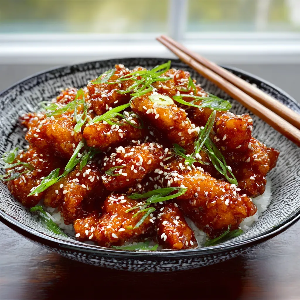 Delicious Sesame Chicken coated in a savory sauce and sesame seeds.