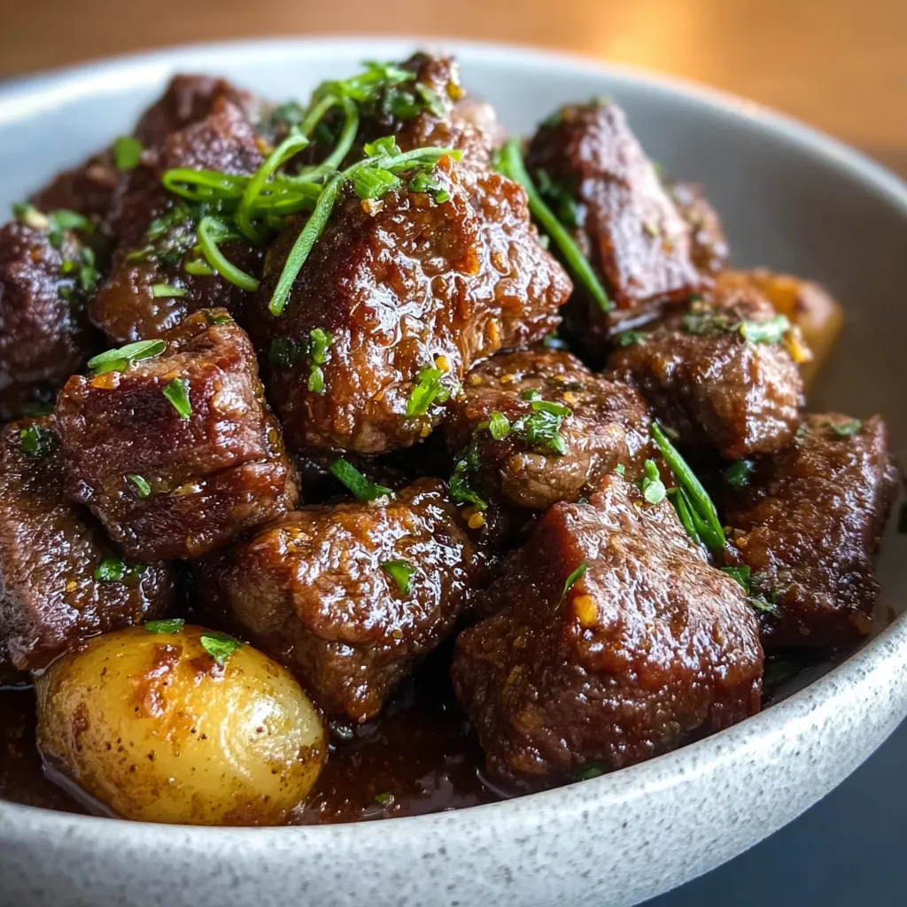Close-up of juicy Slow Cooker Garlic Butter Beef Bites served in a bowl, ready to be enjoyed.