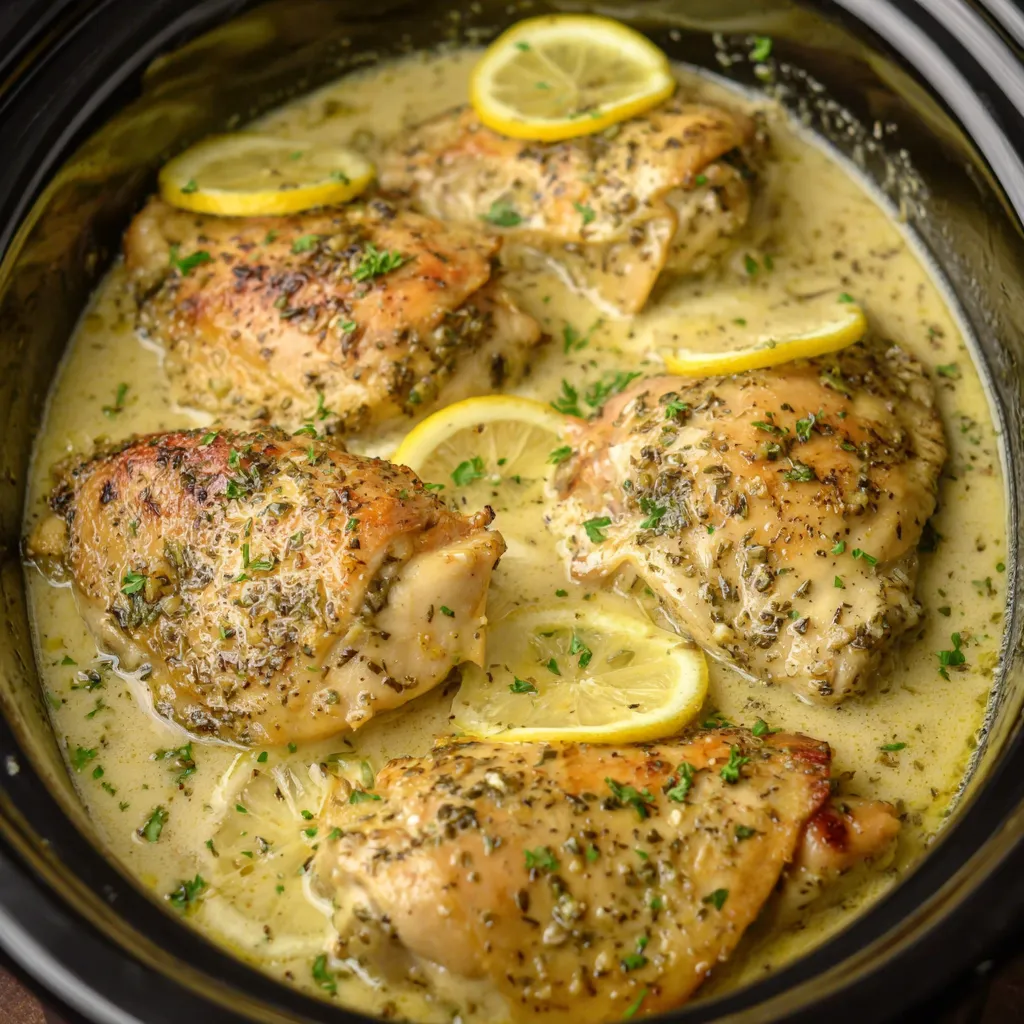 Juicy Slow Cooker Lemon Herb Chicken ready to serve, a delicious and easy weeknight meal.