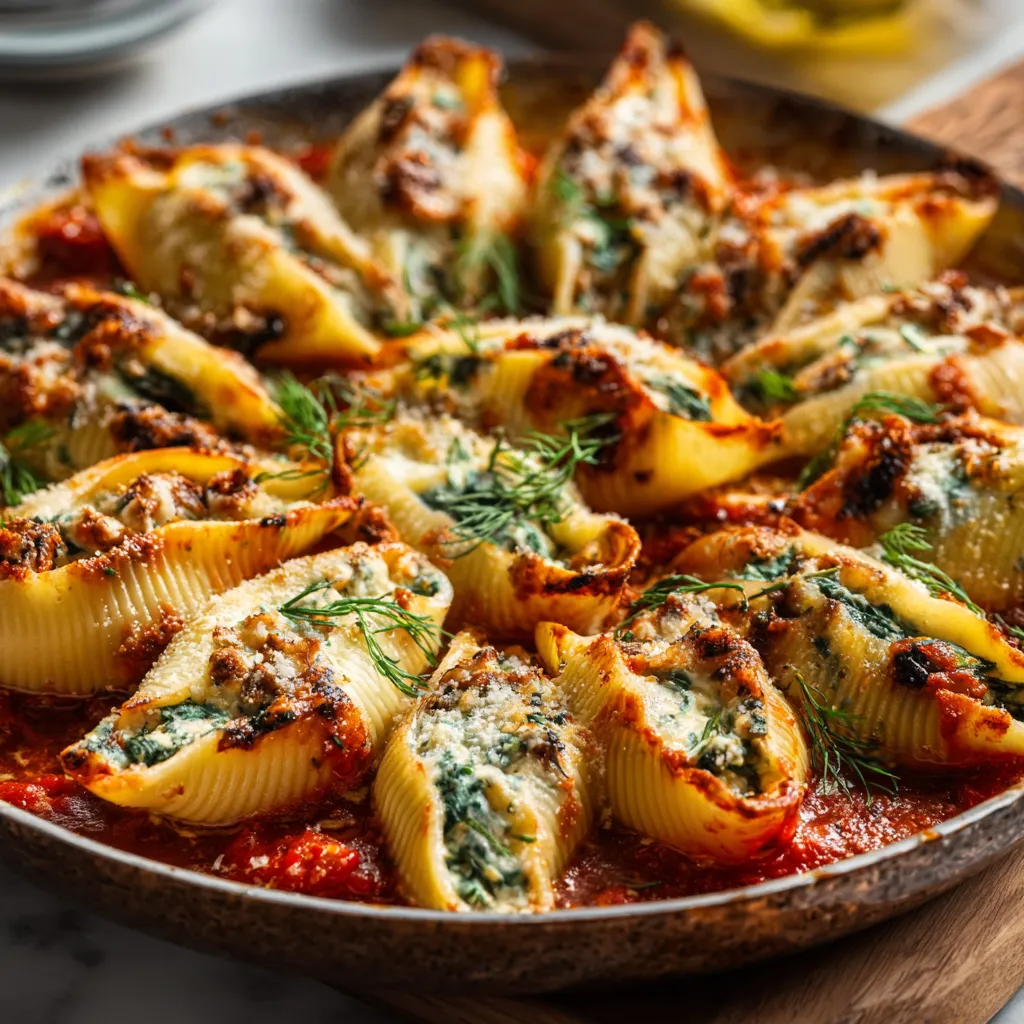 Delicious baked Stuffed Shells filled with ricotta cheese and topped with marinara sauce.