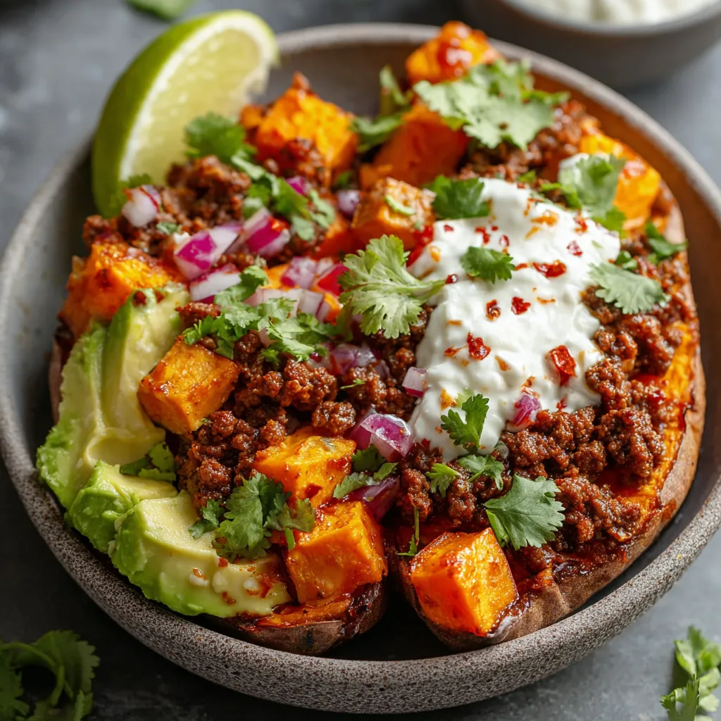 Overhead view of vibrant and delicious Sweet Potato Taco Bowls ready to be served.