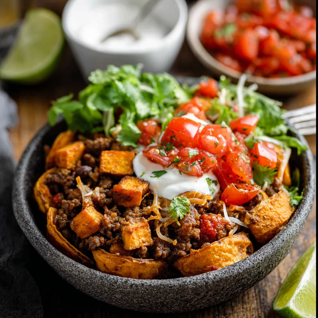 Delicious Sweet Potato Taco Bowls with vibrant toppings, ready to enjoy.