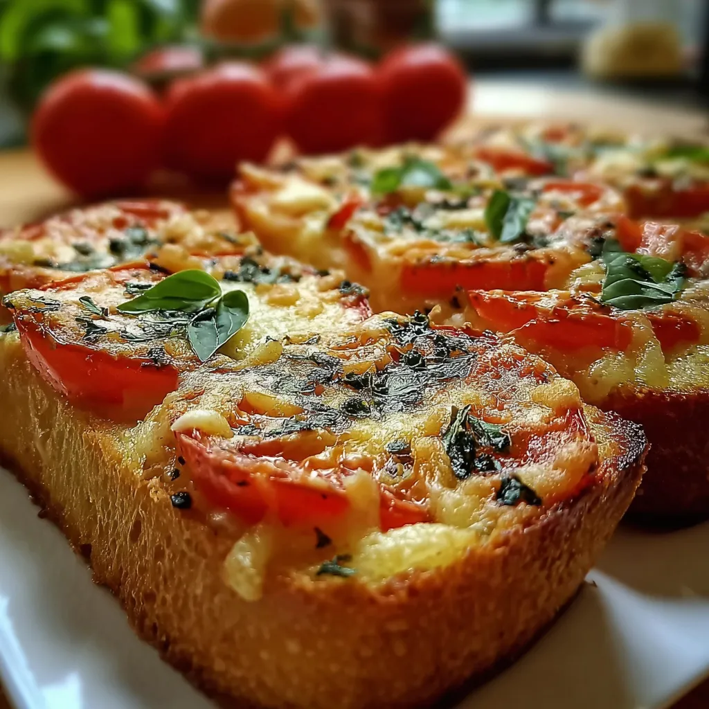 Close-up view of freshly baked Tomato Basil Garlic Bread, showcasing the melted cheese and vibrant herbs.