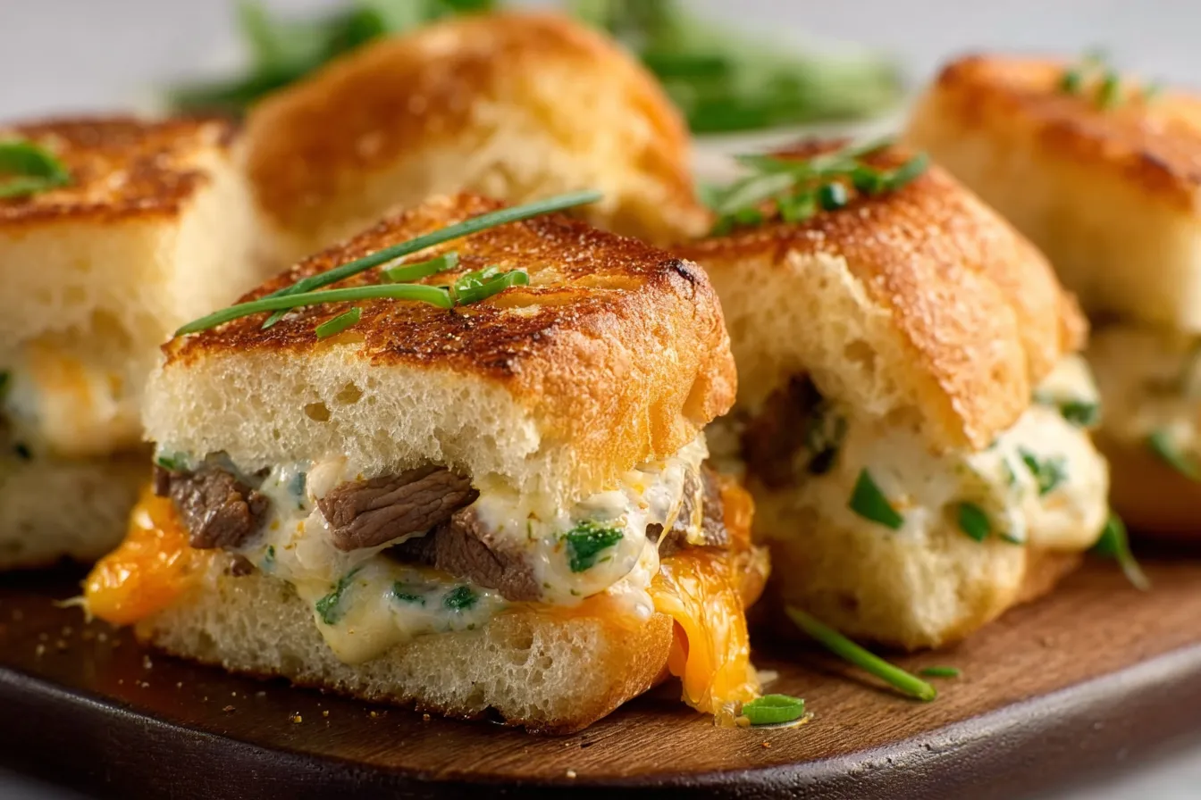A close-up showcases a delicious Loaded Grilled Cheese sandwich, highlighting its melted cheese and savory fillings.