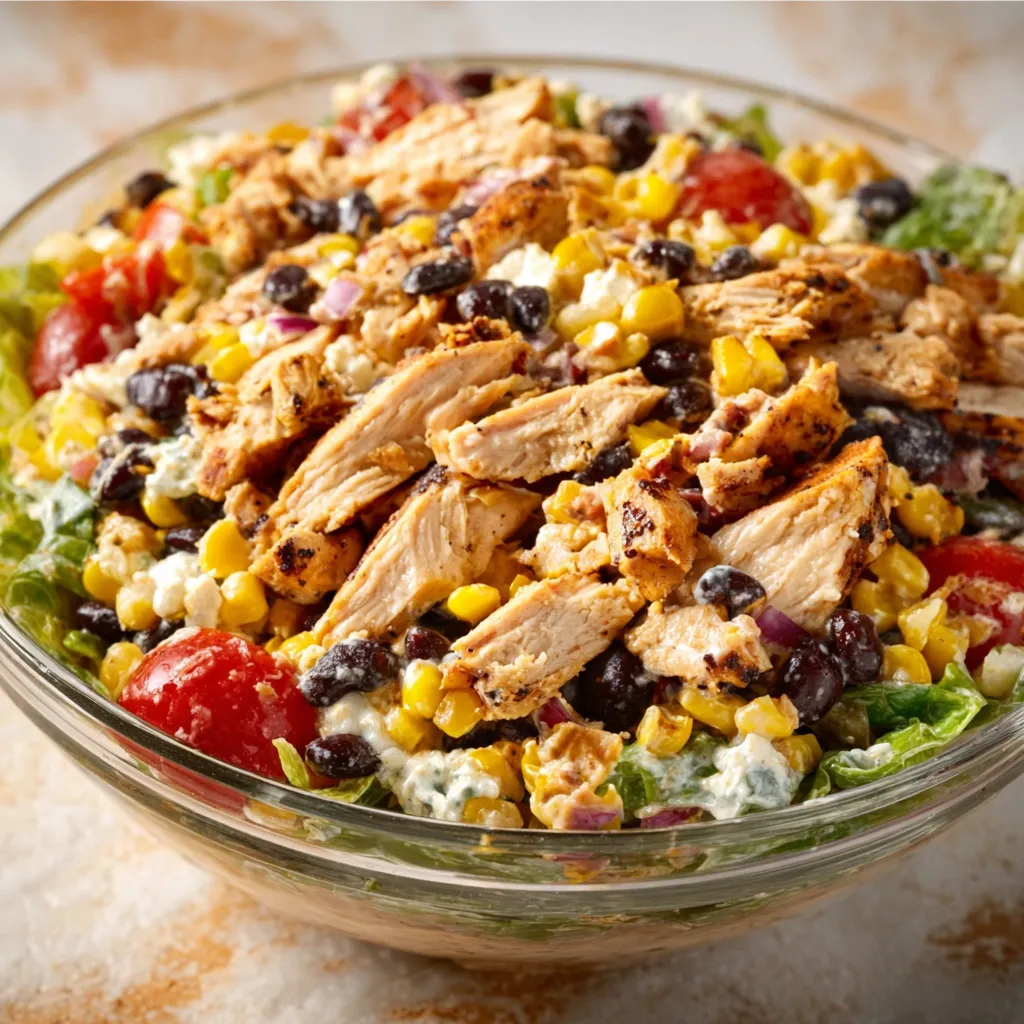 Close-up of a vibrant and delicious Southwest Chicken Salad with grilled chicken, corn, black beans, and a creamy dressing.