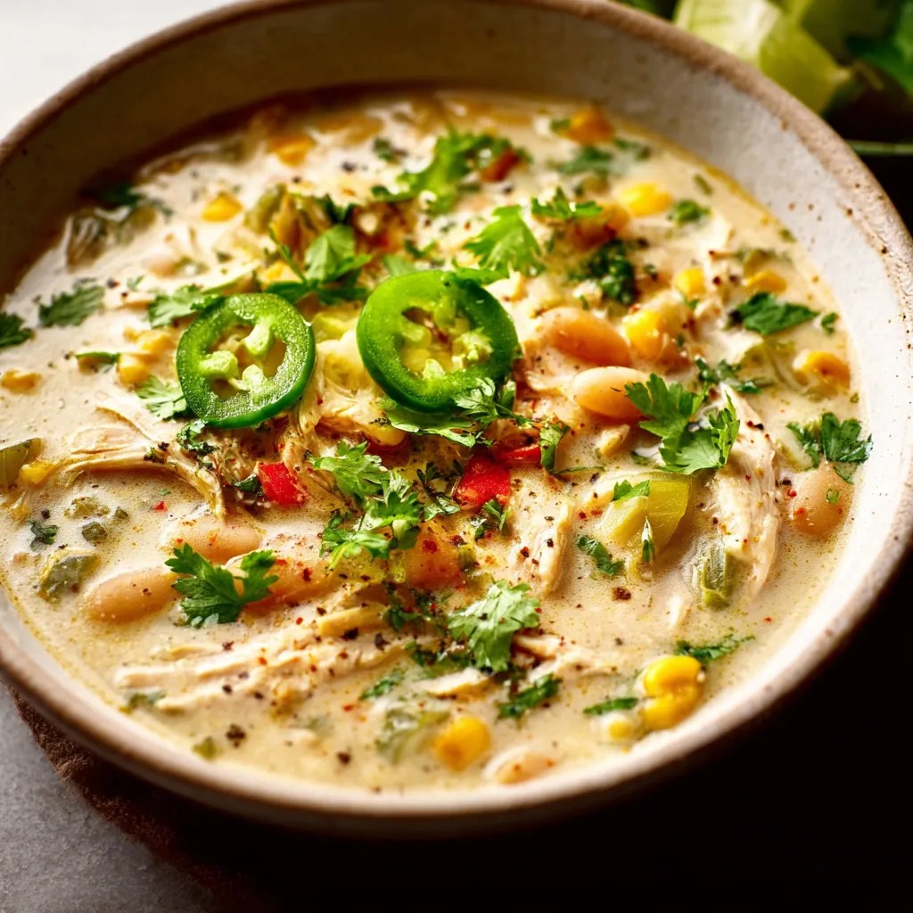 Creamy White Chicken Chili simmering in a pot, ready to serve.