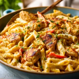 BEST CAJUN CHICKEN PASTA 2 A close-up shot showcasing a creamy and flavorful plate of Cajun Chicken Pasta, highlighting the tender chicken and vibrant spices.