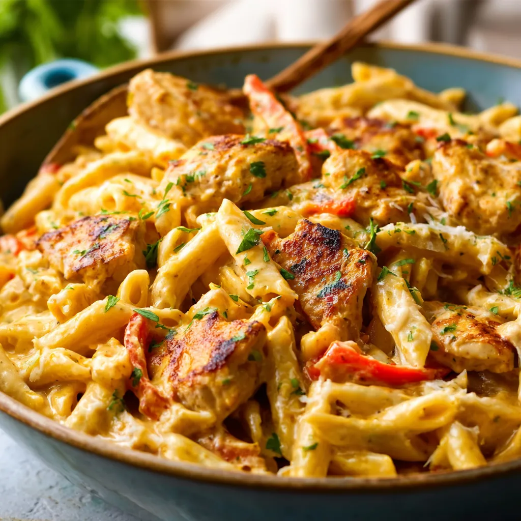 BEST CAJUN CHICKEN PASTA 1 A close-up shot showcasing a creamy and flavorful plate of Cajun Chicken Pasta, highlighting the tender chicken and vibrant spices.