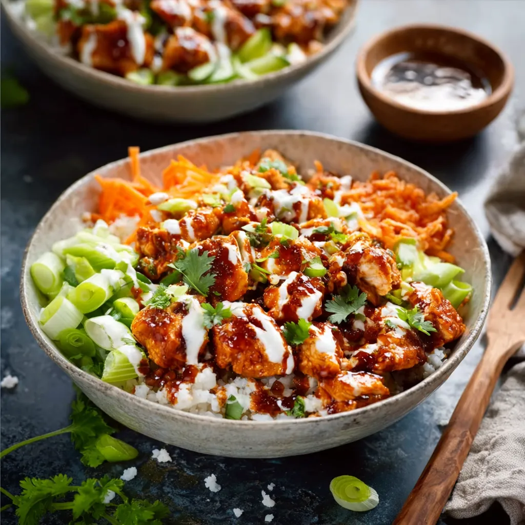 BUFFALO CHICKEN BOWLS SPICY LEAN POWER 1 Delicious Buffalo Chicken Bowls with rice, veggies, and creamy buffalo sauce.