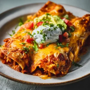 Delicious Chicken Enchiladas with melted cheese and creamy sauce.
