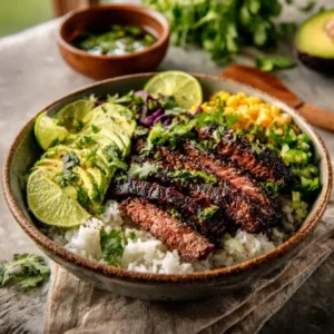 Delicious Cilantro Lime Steak Bowls with vibrant toppings.