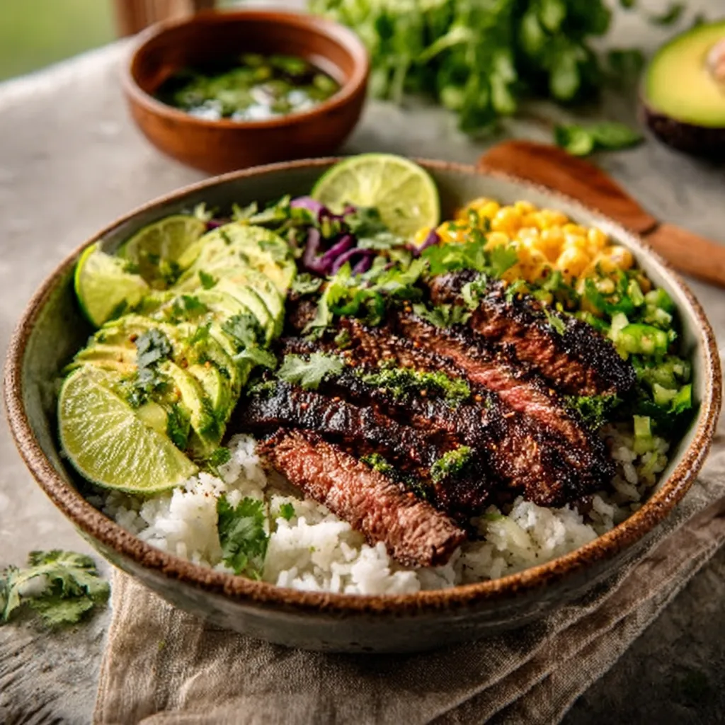 CILANTRO LIME STEAK BOWLS ZESTY PERFECTION 1 Delicious Cilantro Lime Steak Bowls with vibrant toppings.