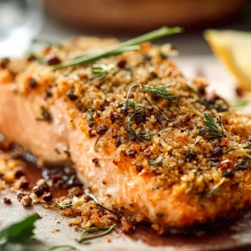 Close-up of delicious Baked Dijon Salmon, showcasing its flaky texture and golden crust.