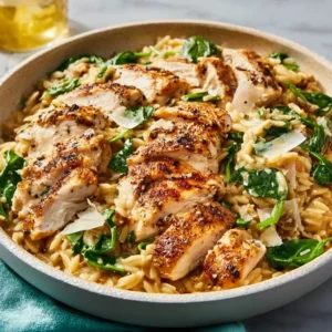 EASY CHICKEN ORZO RECIPE 2 A close-up shot showcasing a vibrant and delicious bowl of Chicken Orzo, perfect for a comforting meal.