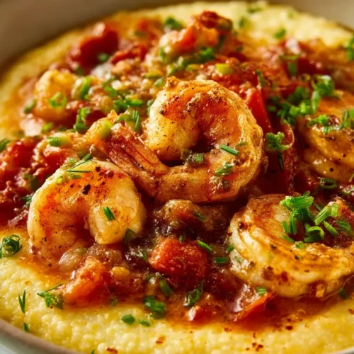 EASY SHRIMP AND GRITS 2 A close-up shot of a delicious bowl of Shrimp and Grits, showcasing the creamy texture and perfectly cooked shrimp.