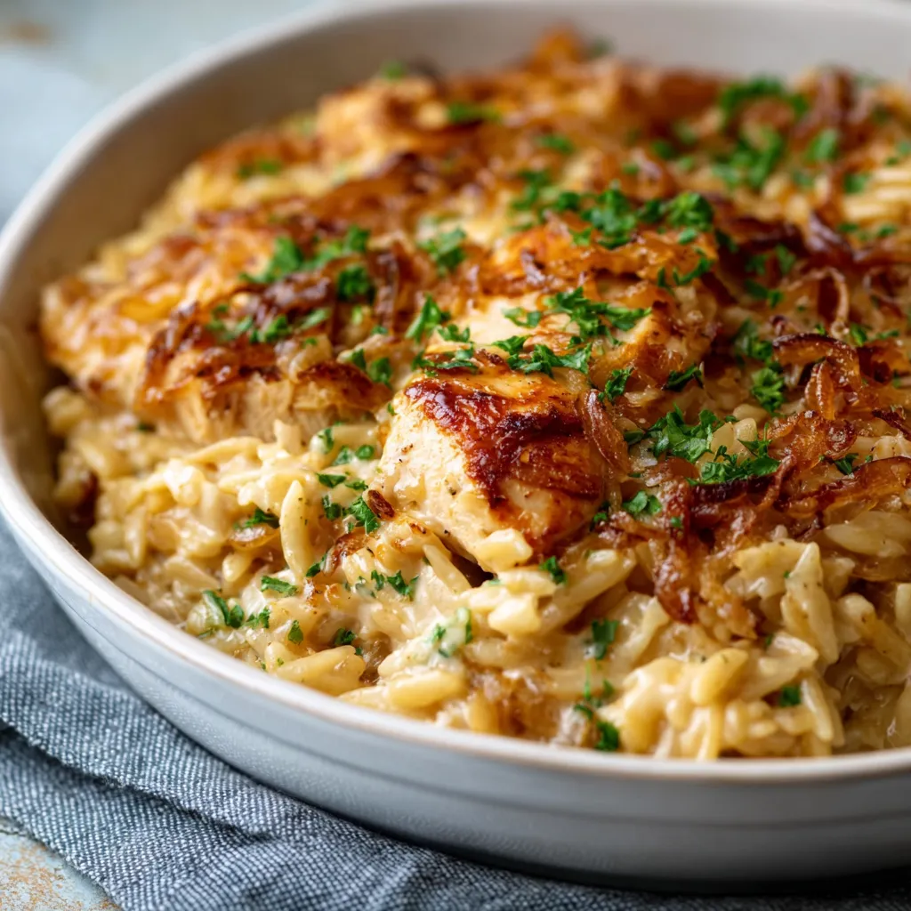 FRENCH ONION CHICKEN ORZO CASSEROLE AMAZING