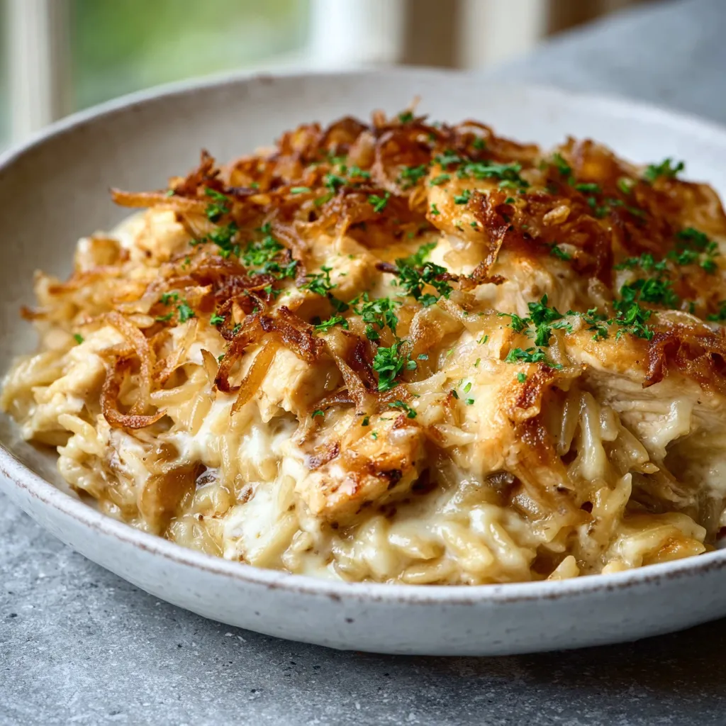FRENCH ONION CHICKEN ORZO CASSEROLE HEAVEN 1 French Onion Chicken Orzo Casserole baking in a dish, golden brown and bubbly.