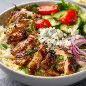 Delicious Greek Chicken Bowls with fresh vegetables and creamy tzatziki sauce.