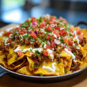 GRIDDLE NACHOS WITH BEEF EASY 2 A close-up shot showcases delicious Griddle Nachos With Beef, loaded with toppings and melted cheese.