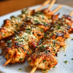 GRILLED RANCH GARLIC PARMESAN CHICKEN SKEWERS EASY 2 Grilled Ranch Garlic Parmesan Chicken Skewers, seasoned with herbs and spices, are shown in this featured image.