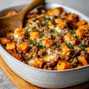 GROUND TURKEY SWEET POTATO BAKE PERFECT 2 A close-up of a delicious Ground Turkey Sweet Potato Bake, showcasing its golden-brown topping and savory filling.