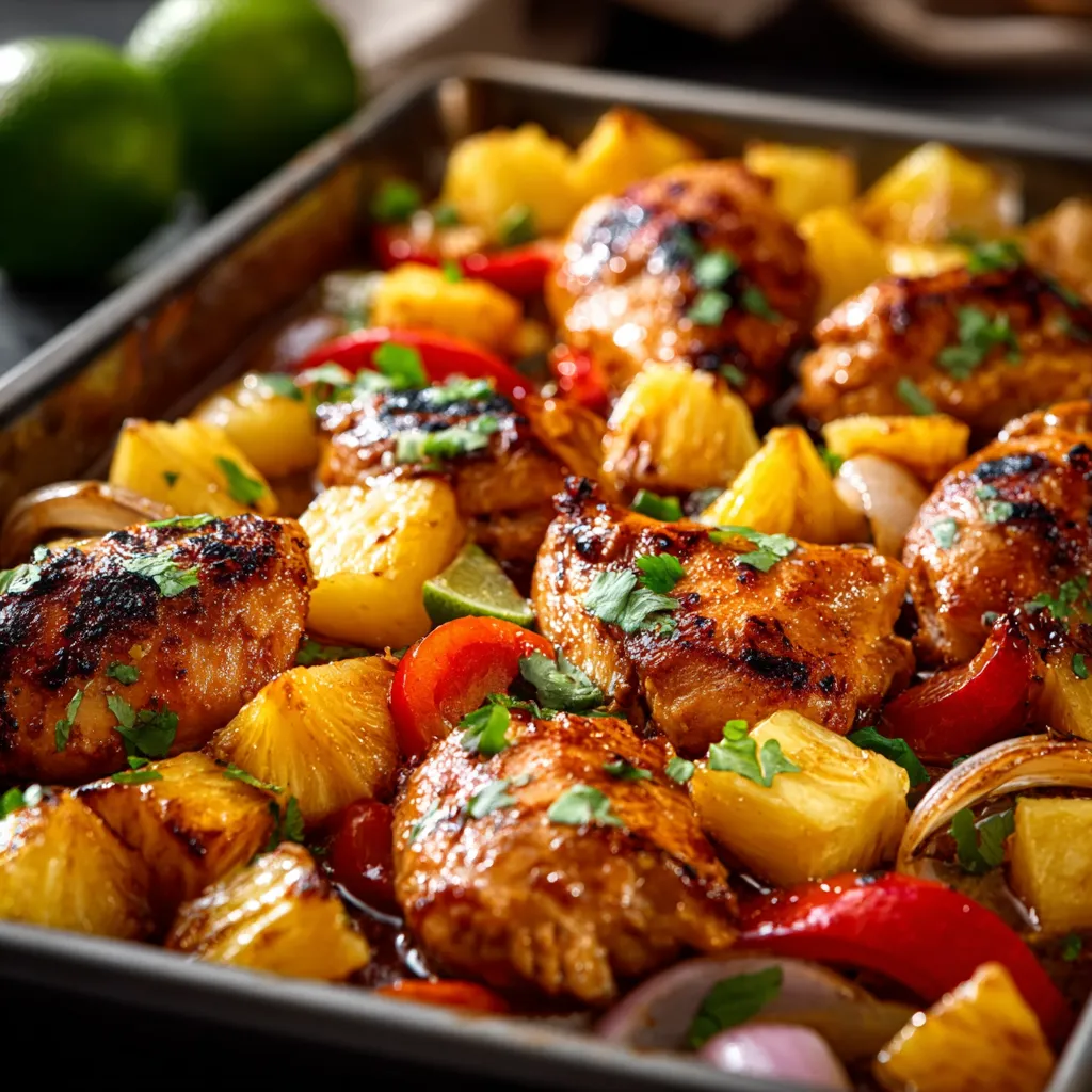 HAWAIIAN CHICKEN SHEET PAN EASY CLEANUP 1 Juicy Hawaiian Chicken Sheet Pan with pineapple, peppers, and onions, ready to bake!