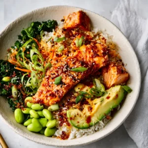 HONEY SRIRACHA SALMON BOWLS ULTIMATE 2 Honey Sriracha Salmon Bowls feature a colorful and appetizing presentation, perfect for a healthy and delicious meal.