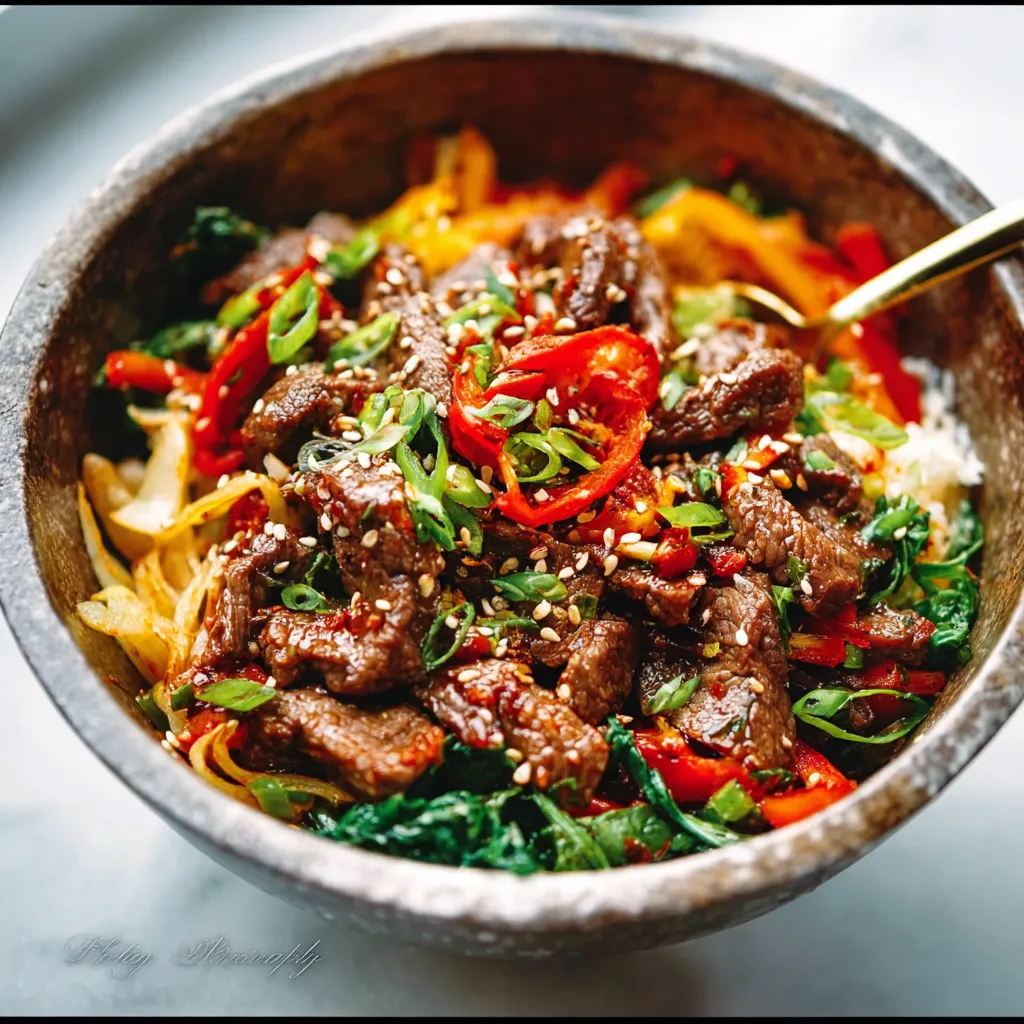 KOREAN BBQ STEAK BOWLS SO EASY 1 Korean BBQ Steak Bowls with sesame seeds and green onions, ready to eat.