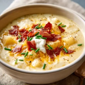 LOADED CROCKPOT POTATO SOUP ULTIMATE 2 Loaded Crockpot Potato Soup is shown in a comforting, creamy bowl, garnished with bacon, cheese, and green onions, perfect for a hearty meal.