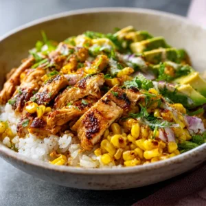 MEXICAN STREET CORN CHICKEN RICE BOWL ULTIMATE 2 A vibrant Mexican Street Corn Chicken Rice Bowl features grilled chicken, corn, rice, and colorful toppings.